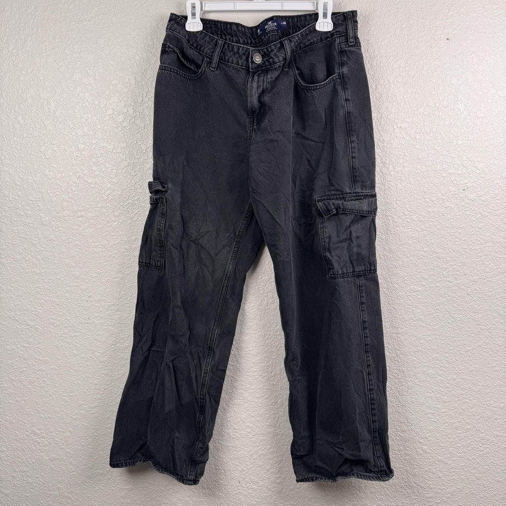 Hollister Cargo Pants Womens 10R 33x28 Black Low-Rise Baggy W30R Cinched Hem Y2K